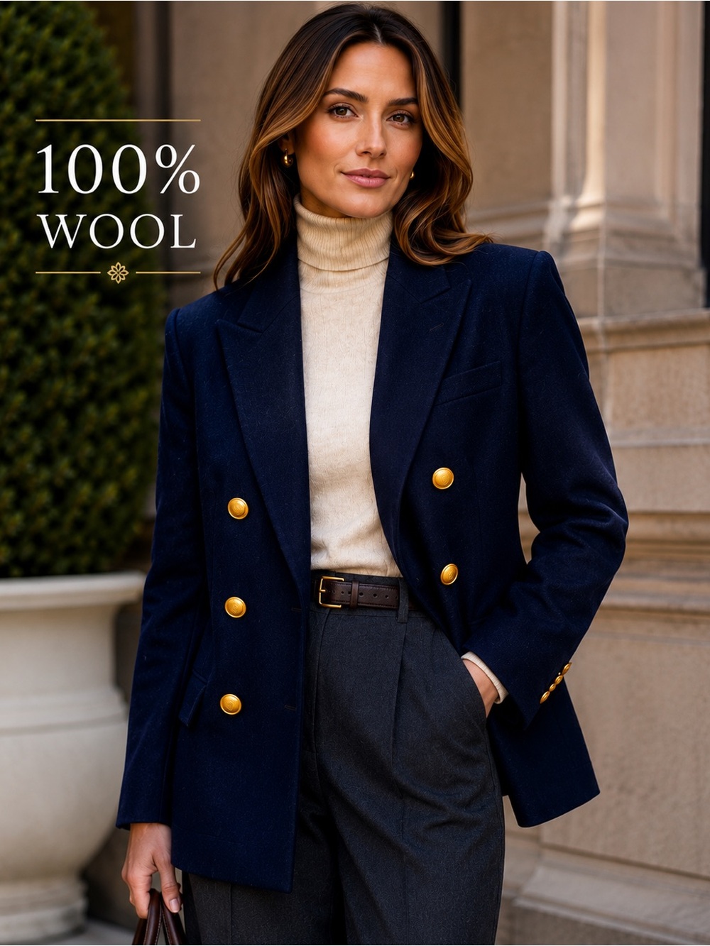 Chaps Navy 100% Wool Double Breasted Blazer Gold Crest Buttons Size 8